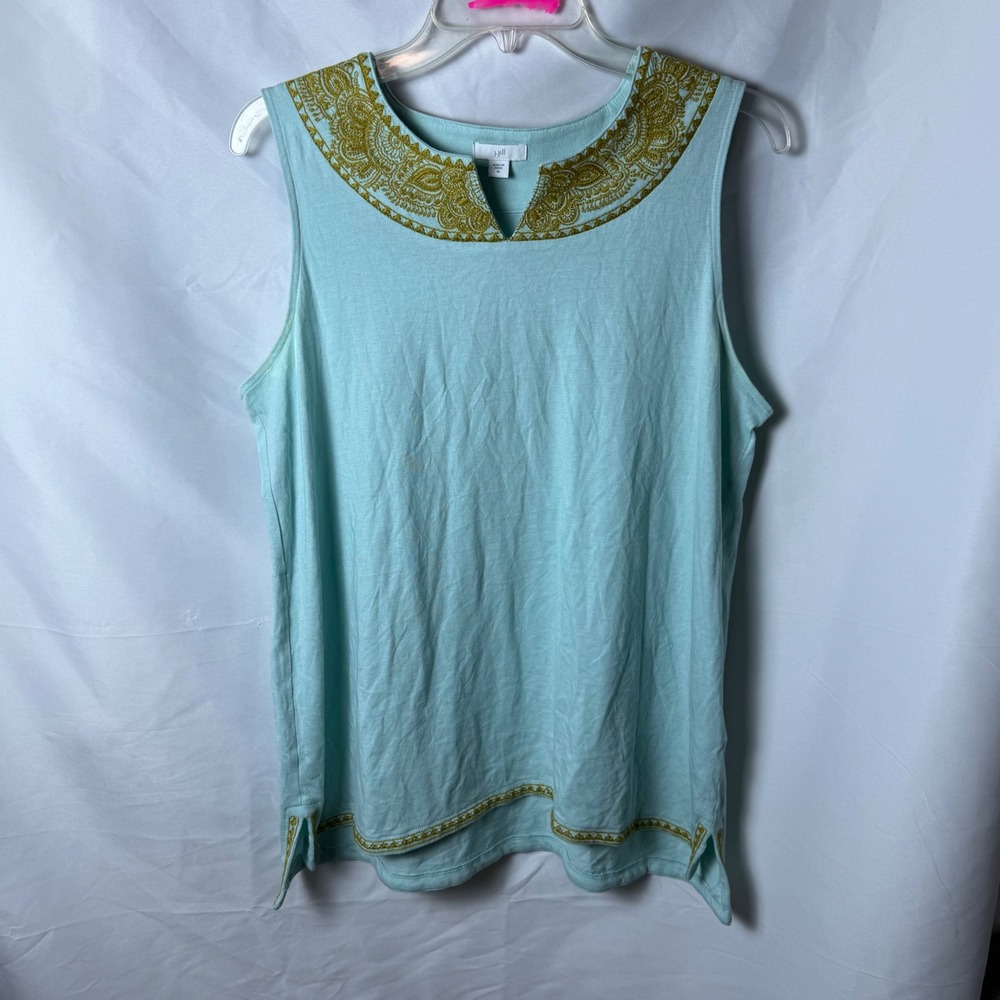 J. Jill Womens Medium Aqua Sleeveless Top Gold‎ Embroidered Tunic Tank Bohemian